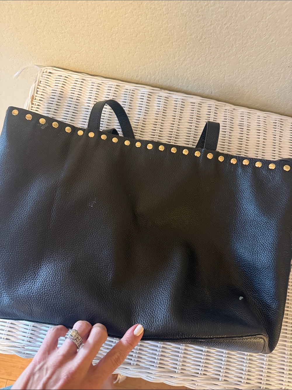 Black Leather Tote with Gold Stud Trim - Chic Everyday Carry